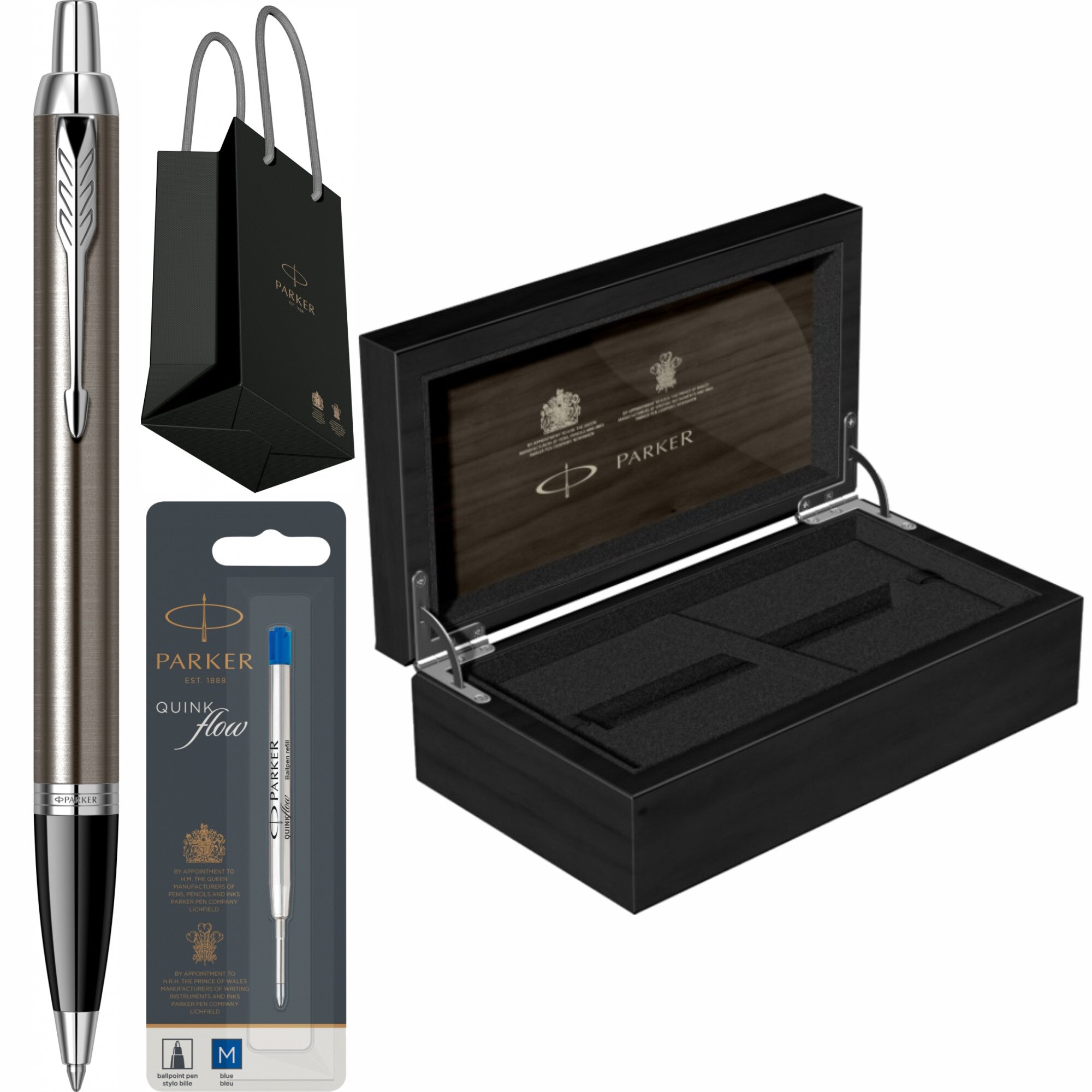 Set Parker Pix IM Royal Dark Espresso CT Personalizat prin Gravura Laser cu rezerva mina pix Quink Flow Albastru M/ F in cutie de lemn si punga