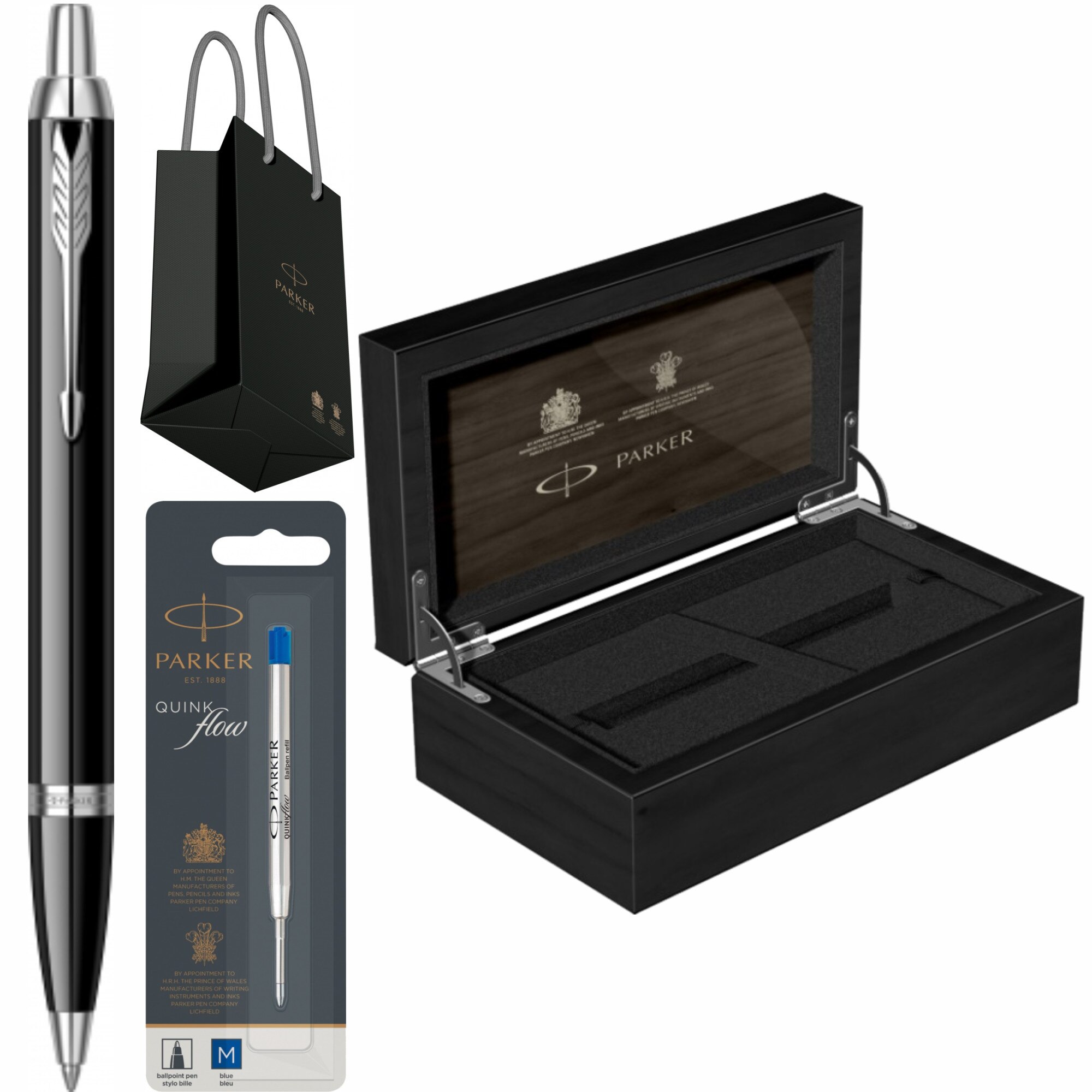 Set Parker Pix IM Royal Black Lacquer CT Personalizat prin Gravura Laser cu rezerva mina pix Quink Flow Albastru M/ F in cutie de lemn si punga