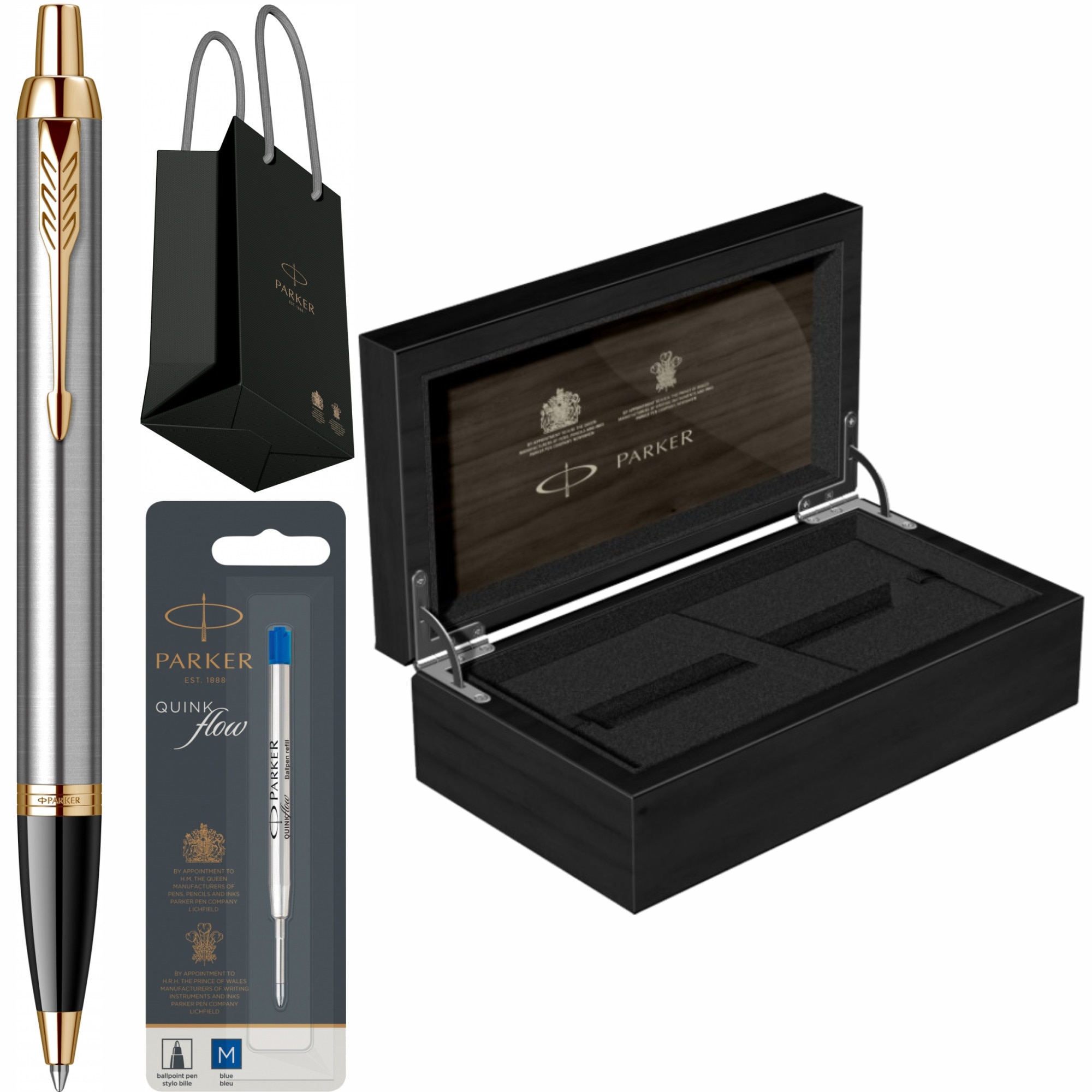 Set Parker Pix IM Royal Brushed Metal GT Personalizat prin Gravura Laser cu rezerva mina pix Quink Flow Albastru M/ F in cutie de lemn si punga