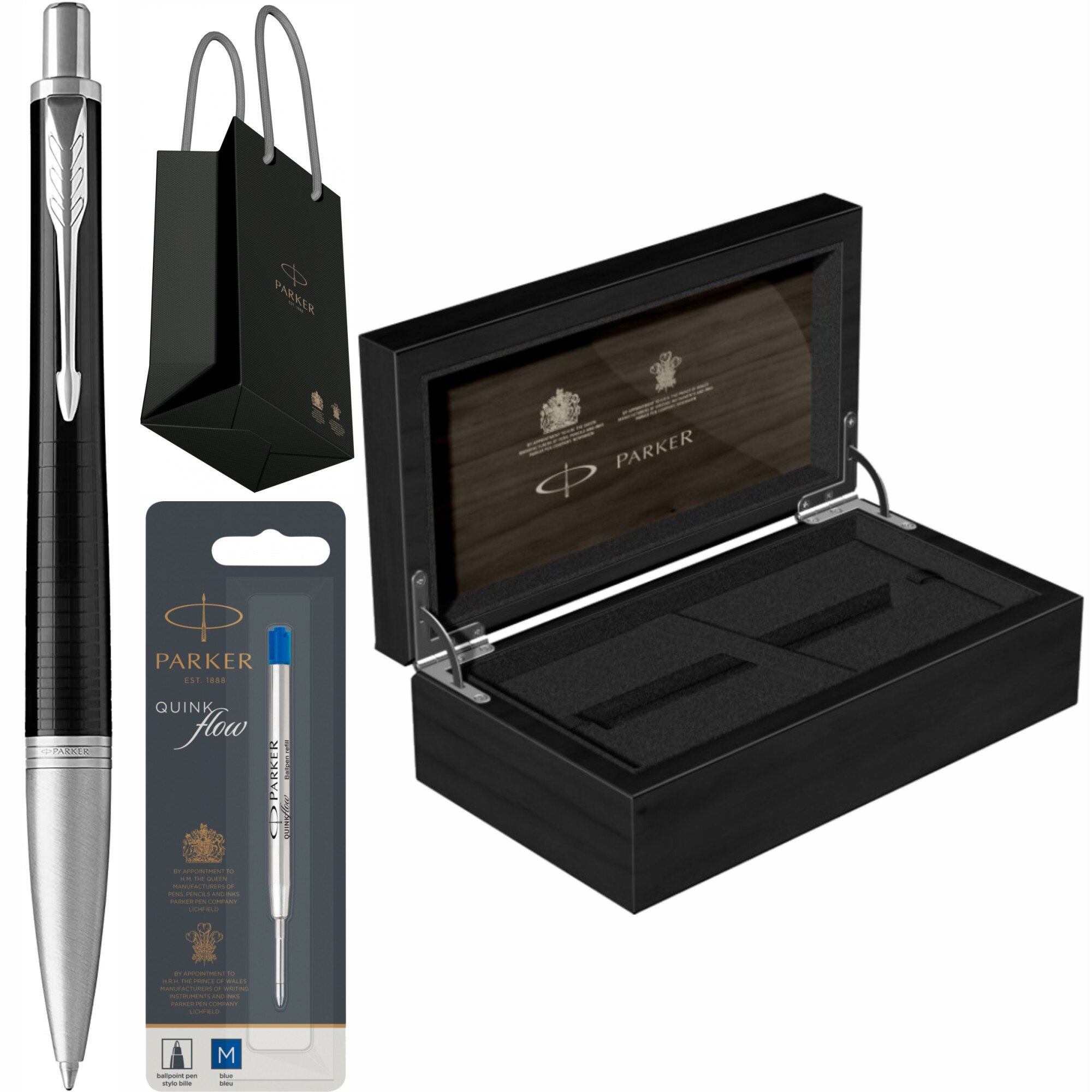 Set Parker Pix Urban Royal Premium Ebony Metal Chiselled CT Personalizat prin Gravura Laser cu rezerva mina pix Quink Flow Albastru M/ F in cutie de lemn si punga
