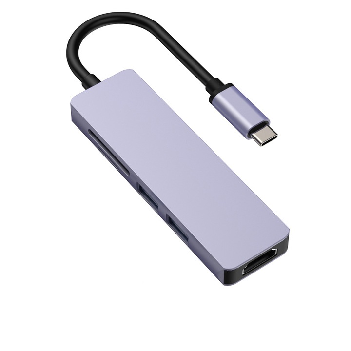 MultiHub адаптер, мултипорт, 5 в 1 USB-C към HDMI 4k/HD + 2 USB 3.0 хъб порта + TF/SD четец на карти, 120 мм, сребрист - KAKU