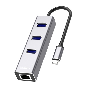 Adaptor MultiHub, multiport, USB-C, port internet + 3 porturi USB 3.0 hub si placa de retea GIGABIT 10/100/1000 Mbps , 150 mm, Argintiu - KAKU Adaptor MultiHub, multiport, USB-C, port internet + 3 porturi USB 3.0 hub si placa de retea GIGABIT 10/100/1000 Mbps , 150 mm, Argintiu - KAKU