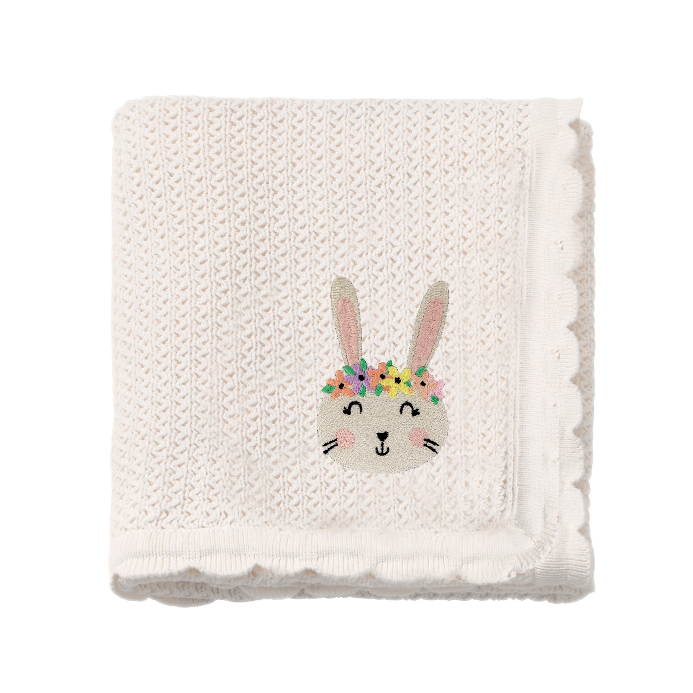 Paturica tricotata bebe, LWS, bumbac, brodata, model Iepuras cu flori, 70x90 cm