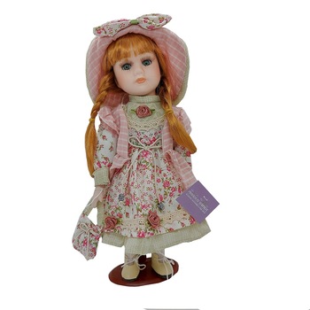 Papusa portelan Charlotte 30cm, Par roscat si palarie Papusa portelan Charlotte 30cm, Par roscat si palarie