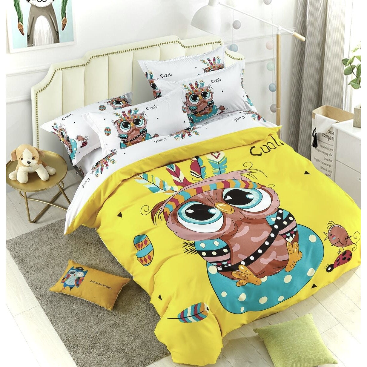 Lenjerie de pat dublu, Bumbac Finet, 6 piese, 2 persoane, Desene animate Bufnita Yellow