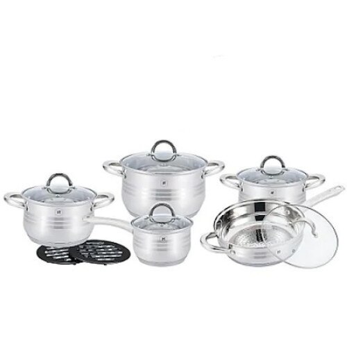 Set 5 Cratite Inox cu Capac din Sticla,Fund 7 Straturi, 12 piese