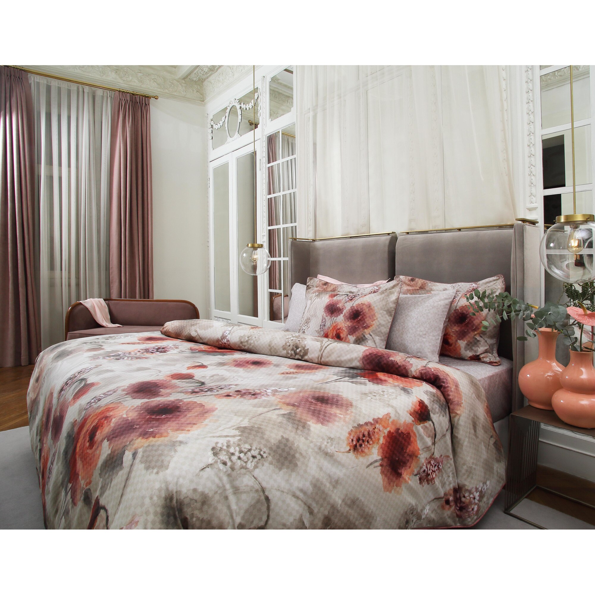 Set lenjerie pentru pat dublu Valeron, Merano, bumbac 100%, tesatura satinata printata digital, calitate premium, 7 piese, colectie 2021, hipoalergenic, alb