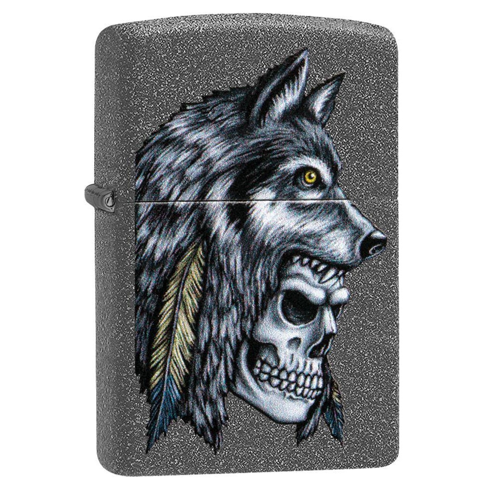 Bricheta Zippo Iron Stone Wolf Skull Feather Design