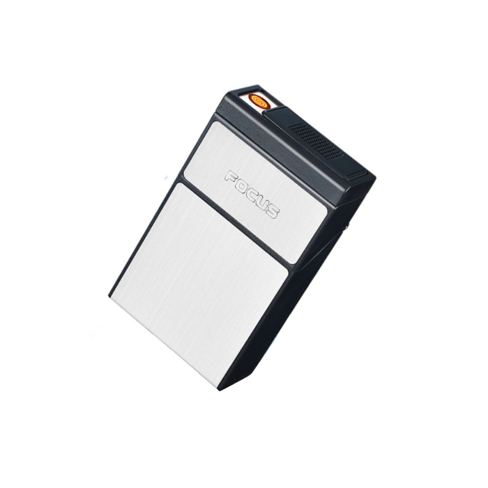Tabachera Focus 2 in 1, cu bricheta electrica, fara gaz ,incarcare USB , pachet de tigari scurte culoare argintiu
