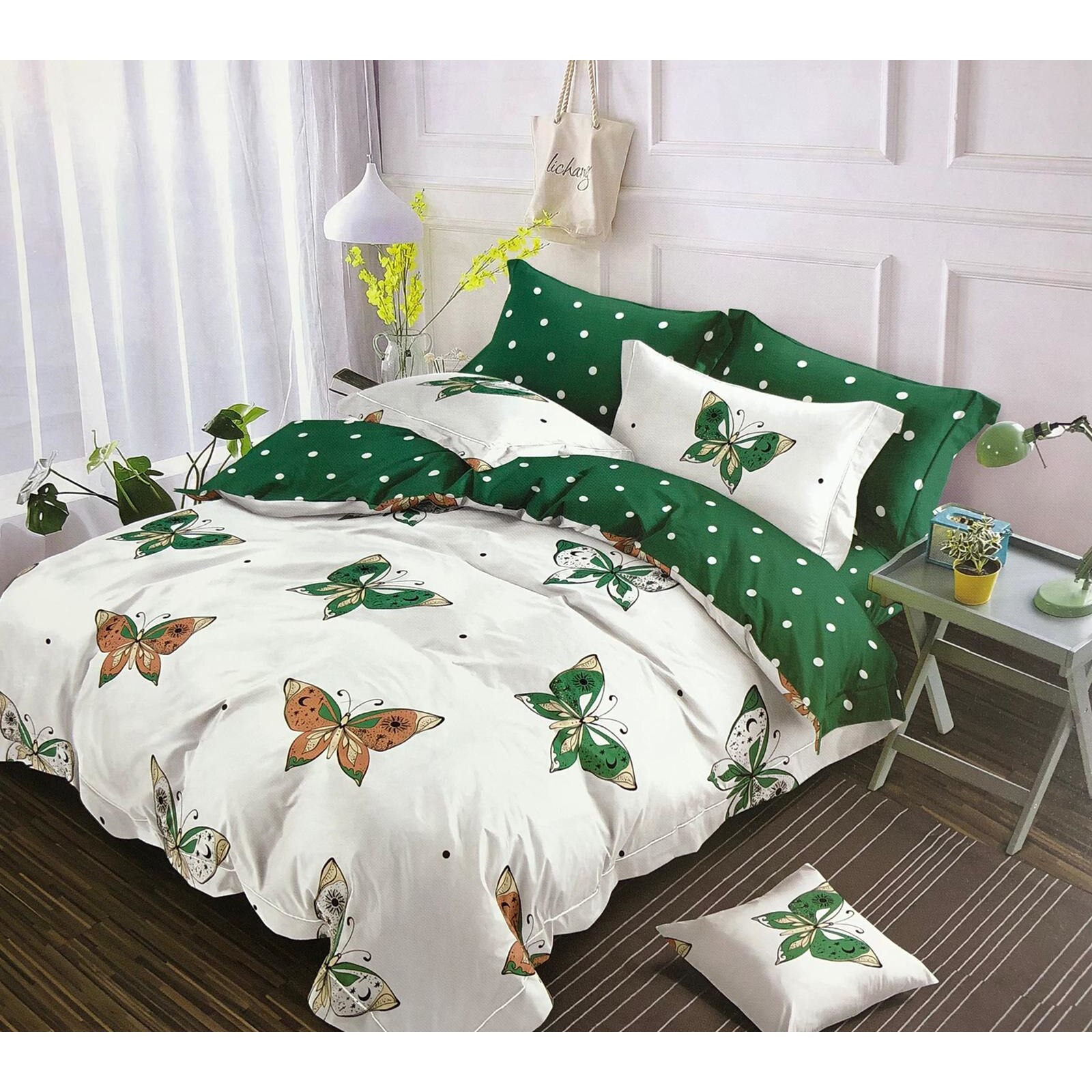 Lenjerie de pat 2 persoane, 6 piese, 2 fete, Finet, Pucioasa, Alb/Verde cu fluturi, LikeStore