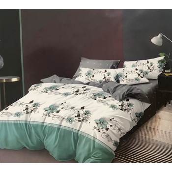 Lenjerie de pat 2 persoane, 6 piese, 2 fete, Finet, Pucioasa, Gri/Turcoaz cu Flori, LikeStore Lenjerie de pat 2 persoane, 6 piese, 2 fete, Finet, Pucioasa, Gri/Turcoaz cu Flori, LikeStore