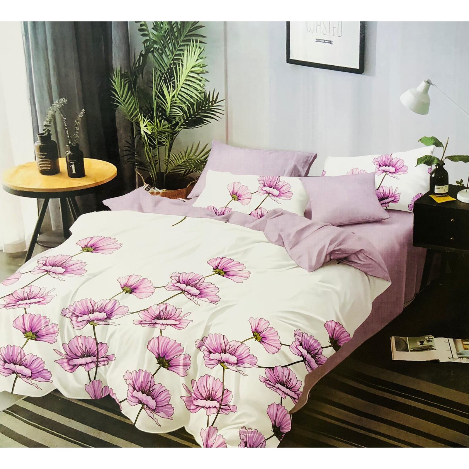 Lenjerie de pat 2 persoane, 6 piese, 2 fete, Finet, Pucioasa, Alb cu floriRoz, LikeStore