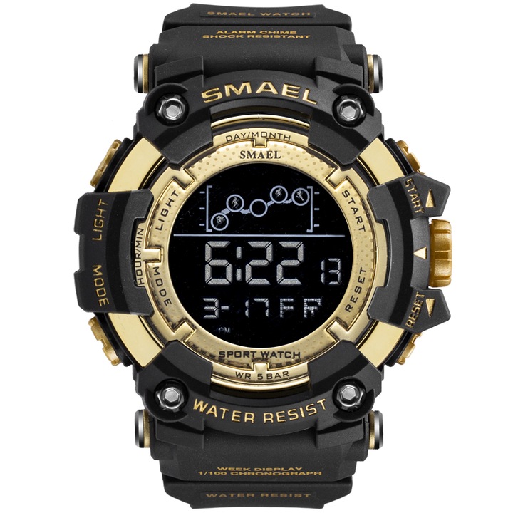 Мъжки ръчен часовник Smael, кварцов механизъм, удароустойчив, цифров, двойно време, аларма, таймер, Черен