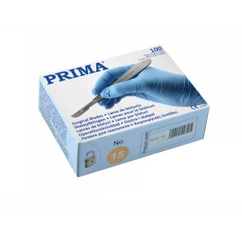 Lame bisturiu 15, Prima, otel-carbon, sterile, 100 buc Lame bisturiu 15, Prima, otel-carbon, sterile, 100 buc