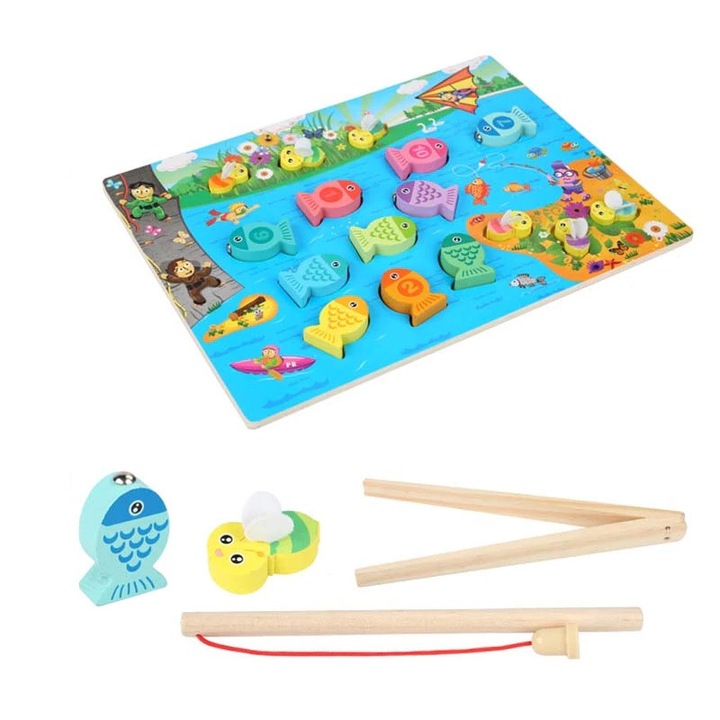 Plansa de pescuit cu magnet, jucarie montessori cu pesti si undita, Multicolor, +3 ani