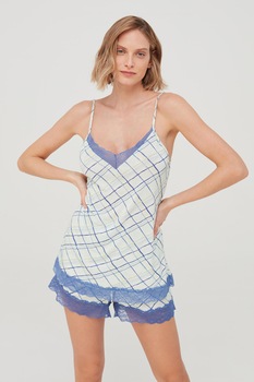 OVS, Top de pijama cu garnitura din dantela, Alb prafuit/albastru inchis/galben, S OVS, Top de pijama cu garnitura din dantela, Alb prafuit/albastru inchis/galben, S
