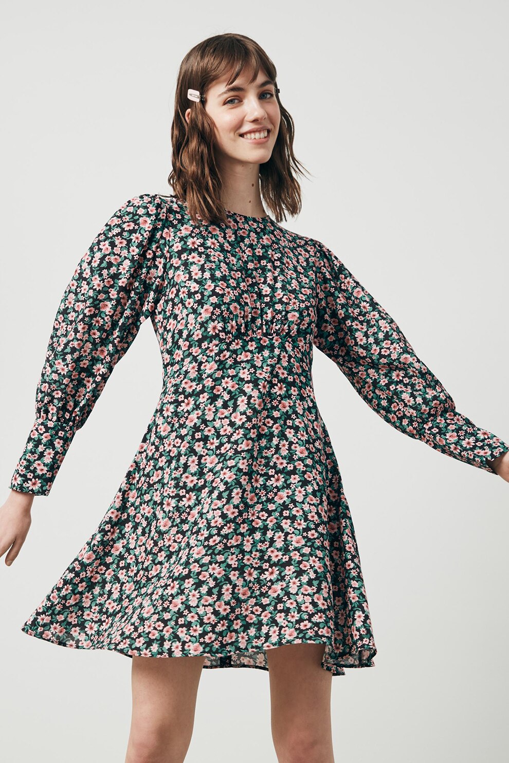 OVS, Rochie evazata cu model floral, Negru/Verde/Roz