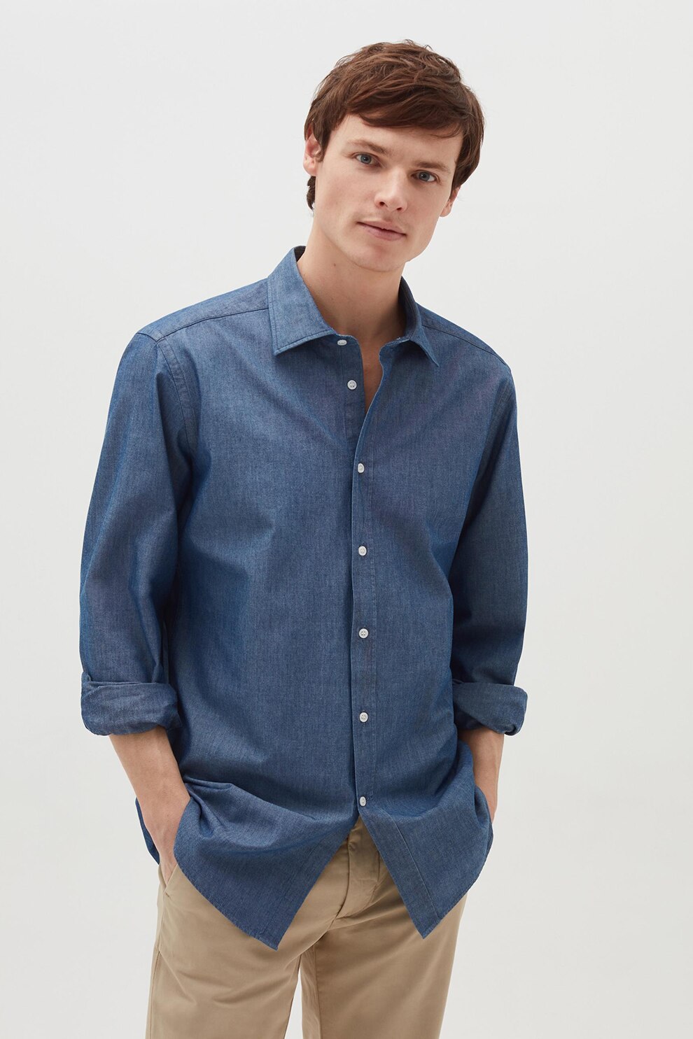 OVS, Camasa din material chambray cu maneci lungi, Albastru inchis