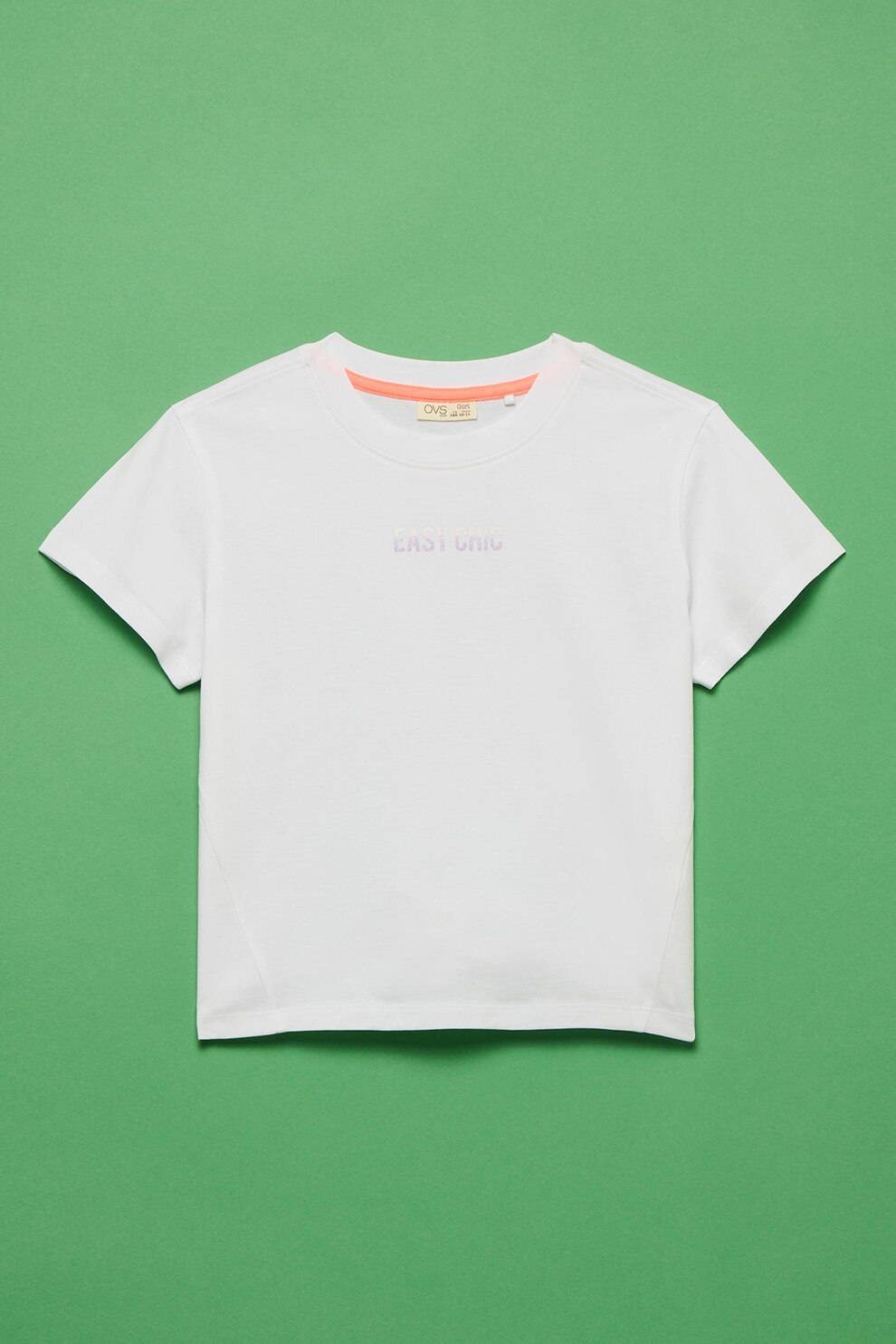 OVS, Tricou cu imprimeu text stralucitor, Alb