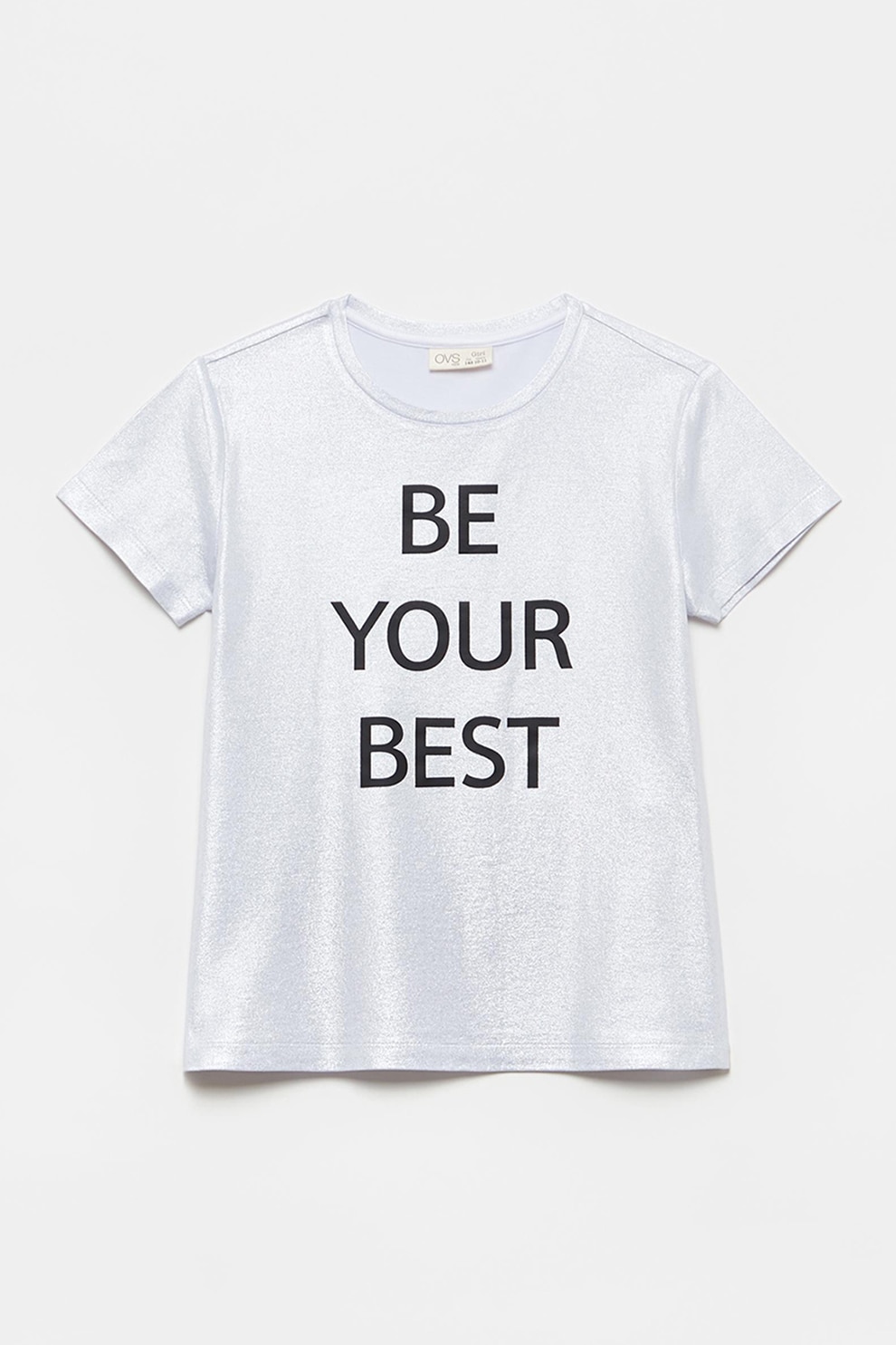 OVS, Tricou stralucitor cu imprimeu text, Alb/Negru