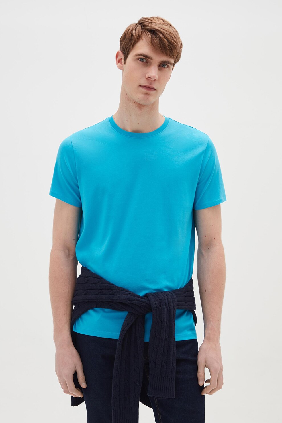 OVS, Tricou din bumbac cu decolteu la baza gatului, Albastru aqua