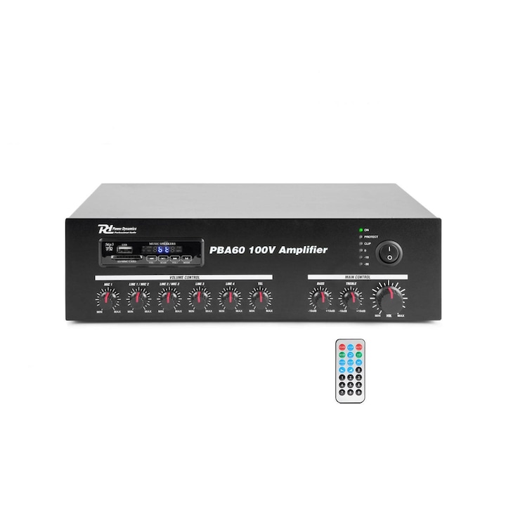 Power Dynamics PBA60 4 csatornás / 1 zónás 100V erősítő (60W) MP3 + Bluetoot + FM
