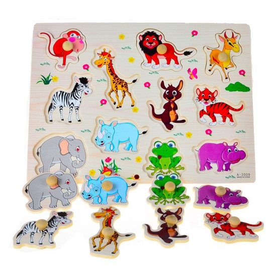Puzzle cu animale din savana lemn cu maner ajutator 11 piese
