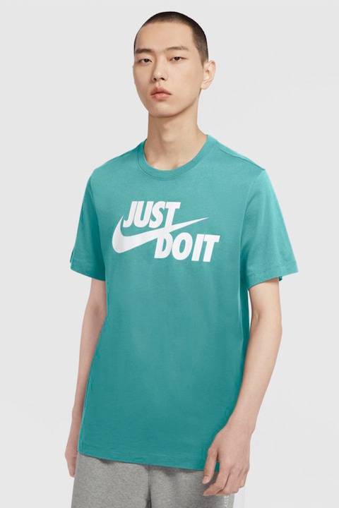 Nike, Tricou de bumbac cu imprimeu logo si text Swoosh, Alb/Turcoaz