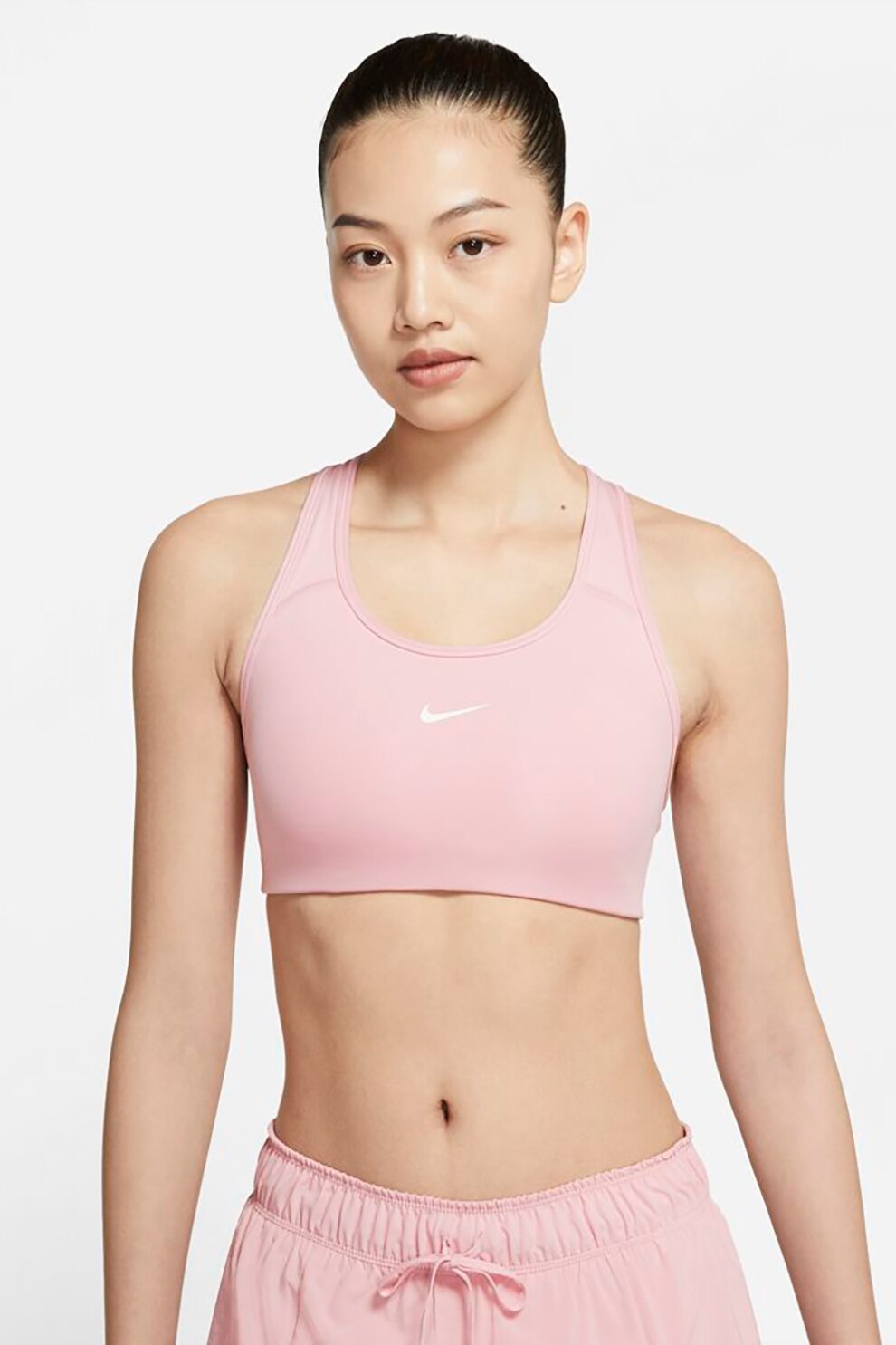 Nike, Bustiera cu burete si tehnologie Dri-fit pentru antrenament Swoosh, Roz pastel