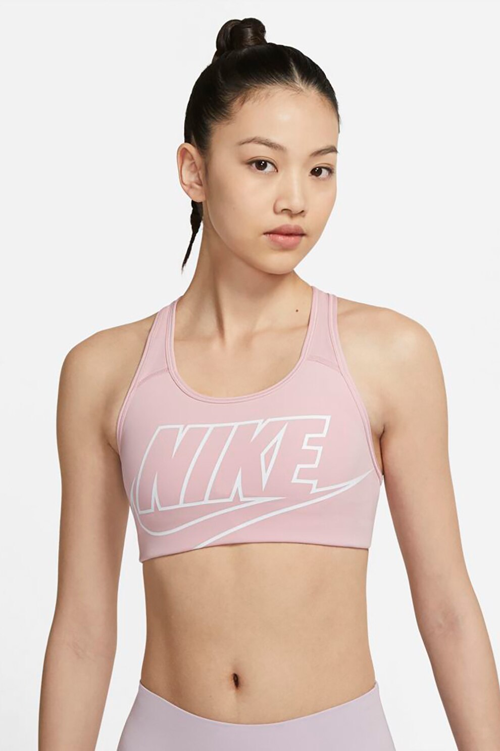 Nike, Bustiera racerback pentru fitness Swoosh Futura, Roz pal/Alb
