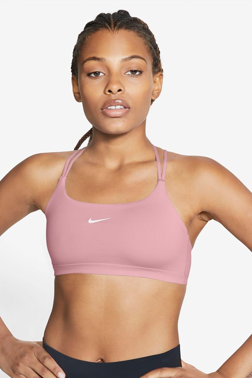 Nike, Bustiera cu sustinere minima, fara burete, cu tehnologie Dri-Fit pentru antrenament Indy, Roz pastel
