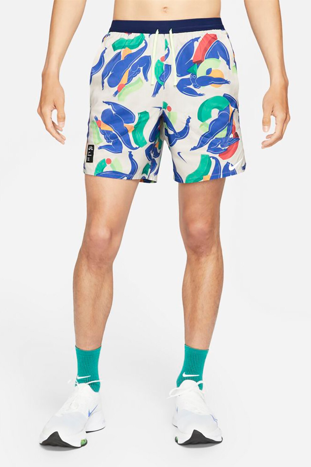 Nike, Pantaloni scurti cu imprimeu pentru alergare Flex Stride 7, Alb/albastru inchis/verde persan, 2XL