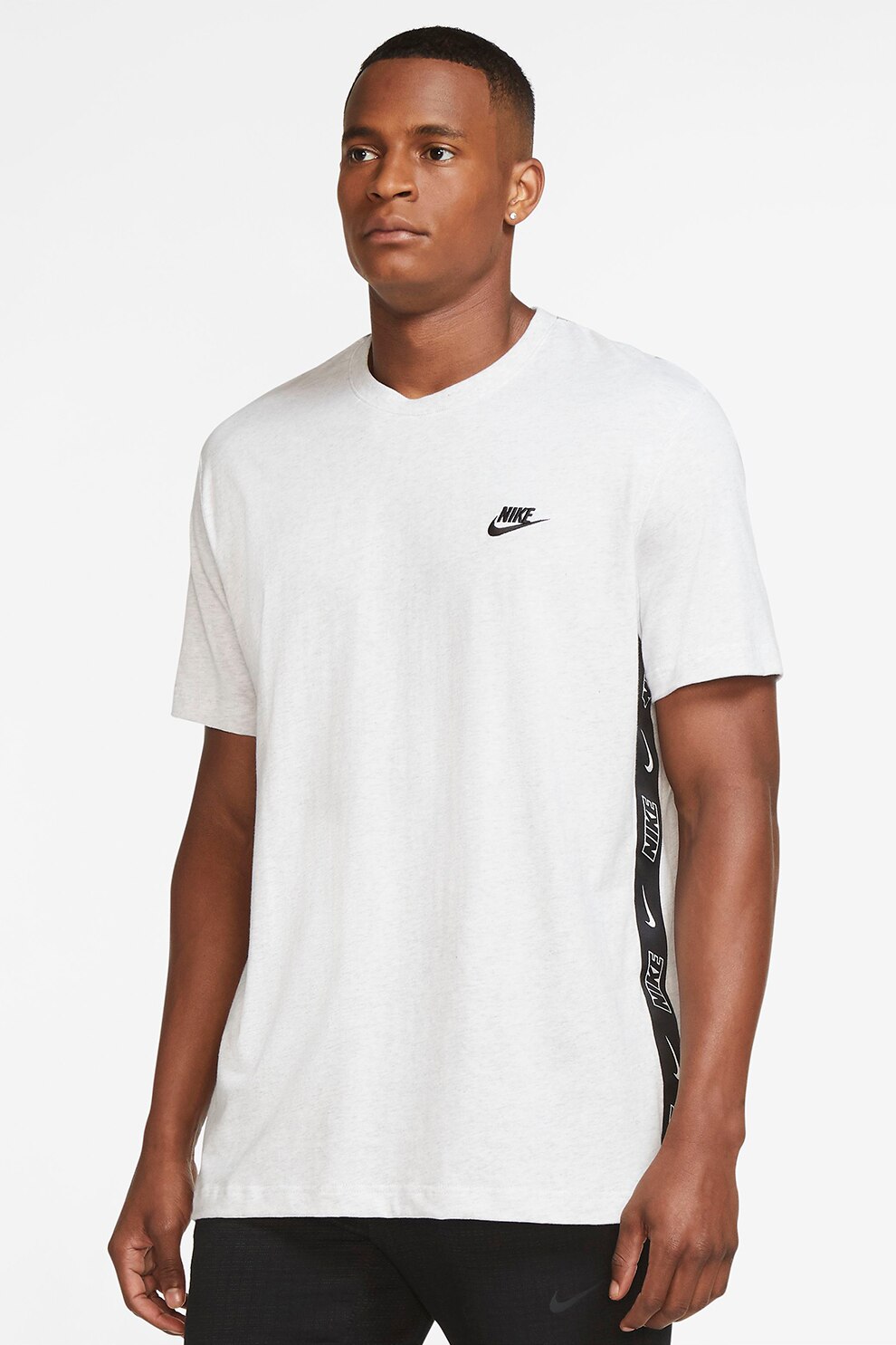 Nike, Tricou cu decolteu la baza gatului si imprimeu logo, Alb/Negru/Gri