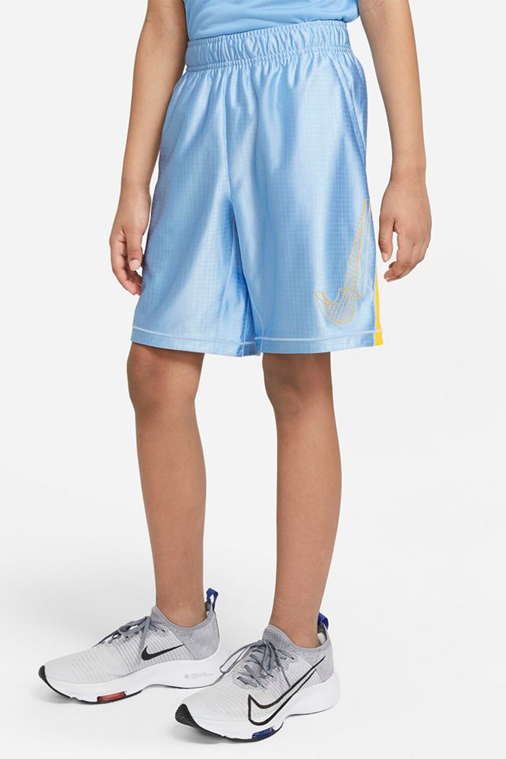 Nike, Pantaloni scurti cu tehnologie Dri-FIT si imprimeu logo, Albastru azur/galben pal