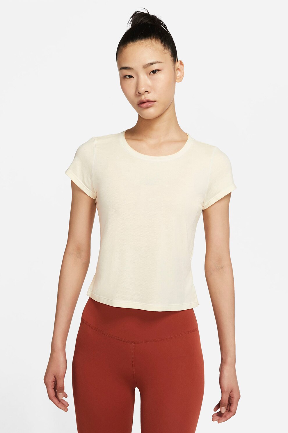 Nike, Tricou crop cu tehnologie Dri-FIT pentru antrenament, Alb prafuit