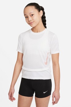Nike, Tricou cu tehnologie Dri-Fit si aspect texturat Instacool, Alb/Roz piersica Nike, Tricou cu tehnologie Dri-Fit si aspect texturat Instacool, Alb/Roz piersica
