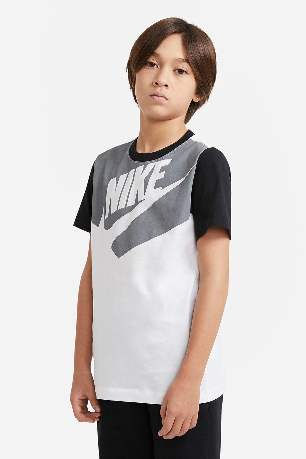 Nike, Tricou cu logo Amplify, Alb/Negru/Gri