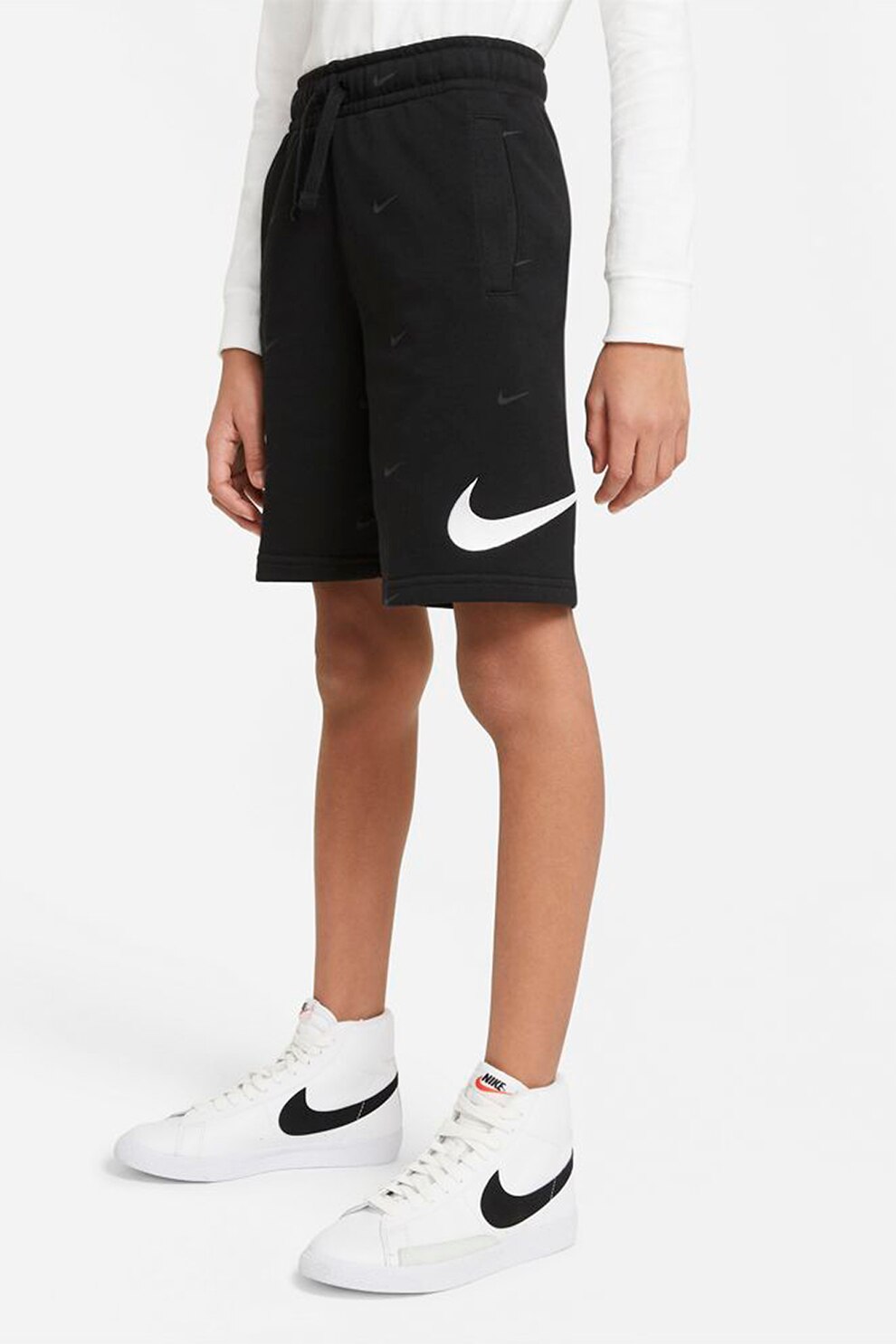 Nike, Bermude cu snur de ajustare si logo Swoosh, Negru/Alb