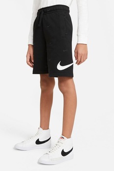 Nike, Bermude cu snur de ajustare si logo Swoosh, Negru/Alb Nike, Bermude cu snur de ajustare si logo Swoosh, Negru/Alb