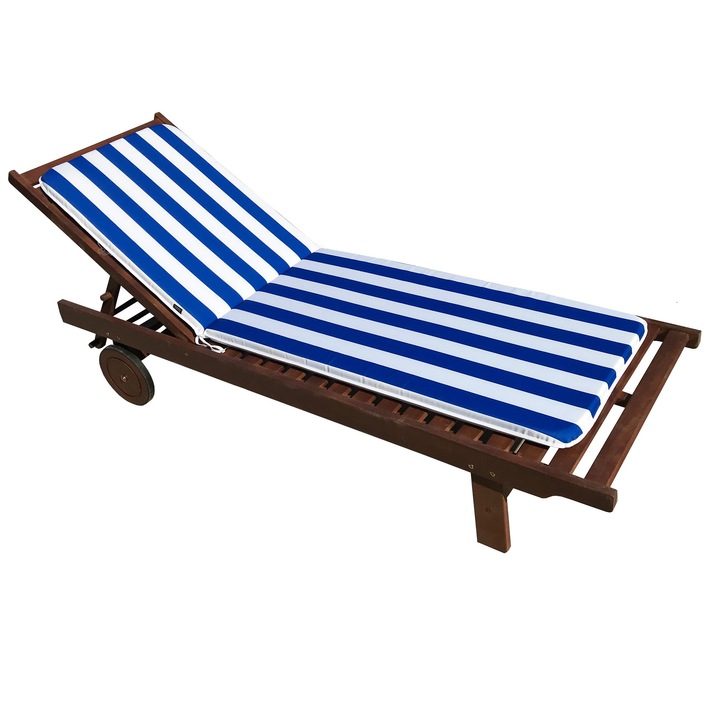 Sezlong din lemn de tec CULINARO KLASIK cu roti deplasare 60x193xh30cm+ saltea alb albastru