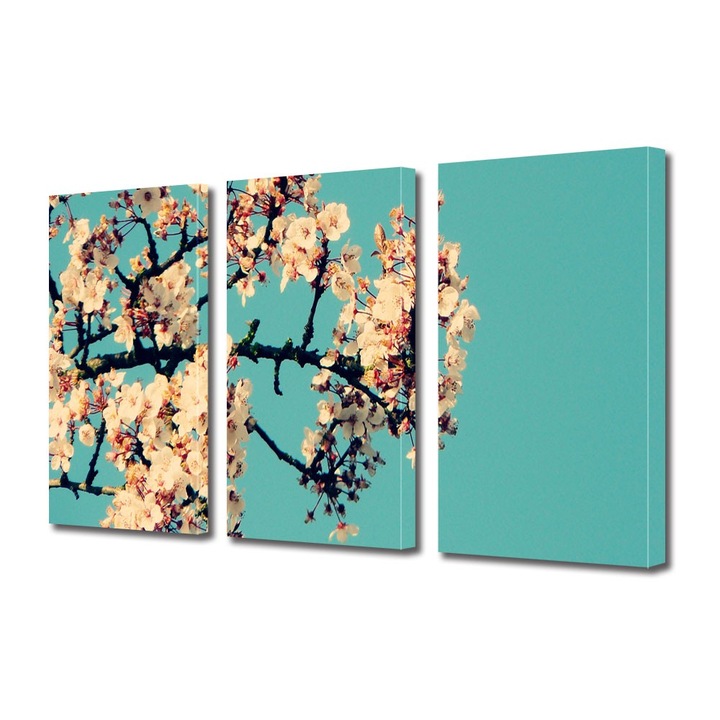 Tablou Multicanvas 3 Piese Flori, Creanga cu flori albe, 100 x 210 cm