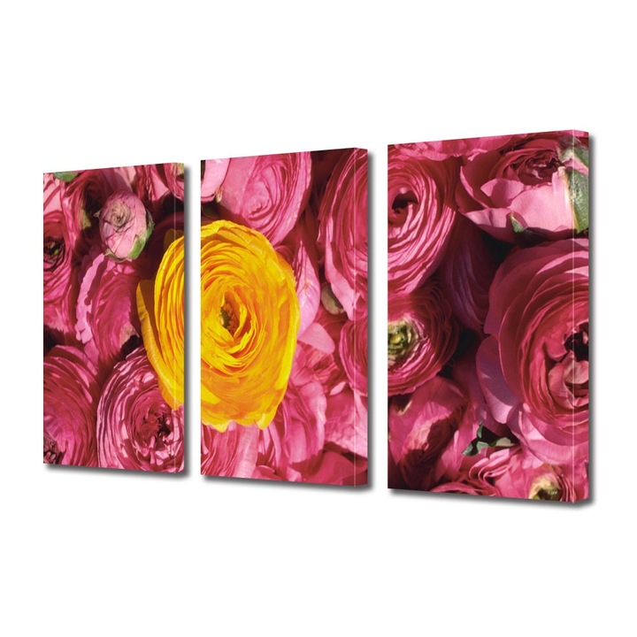Tablou Multicanvas 3 Piese Flori, Floare galbena si flori violet, 100 x 210 cm