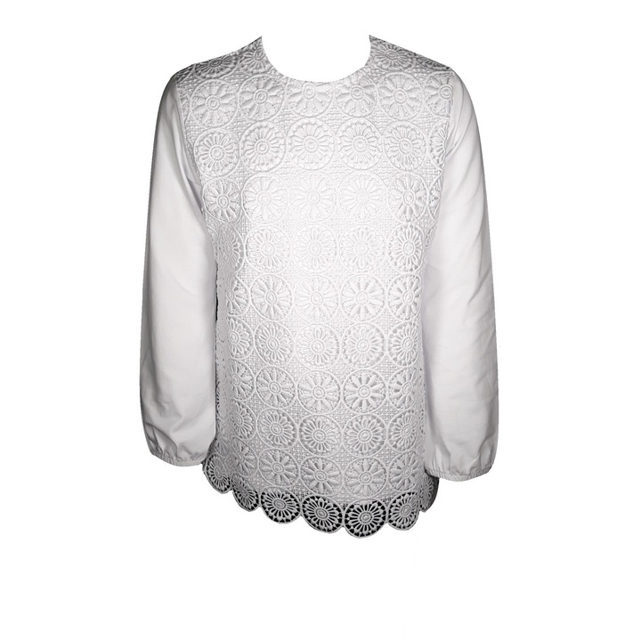 Bluza fete, alb, din bumbac, dublata cu dantela pe partea din fata