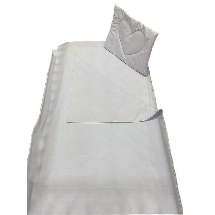 Lenjerie trei piese, din bumbac ranforce, culoare gri pentru patut de bebelusi 120/60cm, din colectia "Cuibusorul fermecat" - LPR25