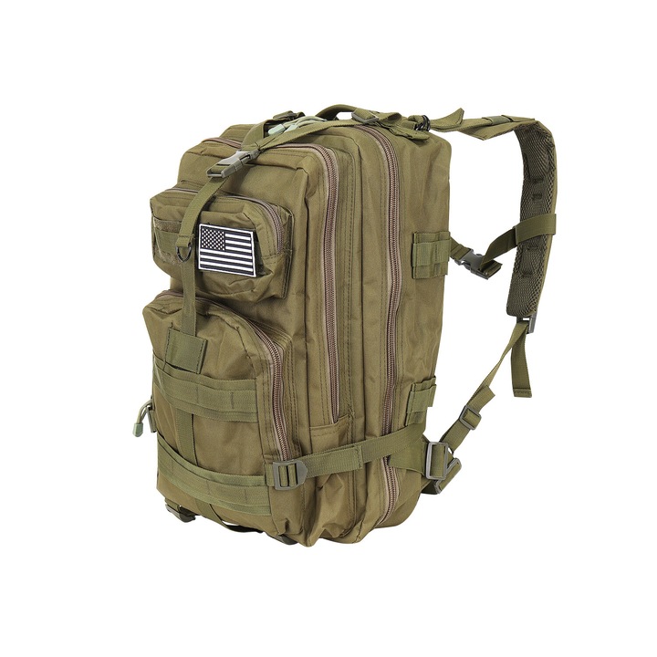 Туристическа раница Iso Trade Military Tactical Survival 8916, 600D полиестер и найлон, 5 отделения, 20 x 29 x 45 см, 30 л, Зелен
