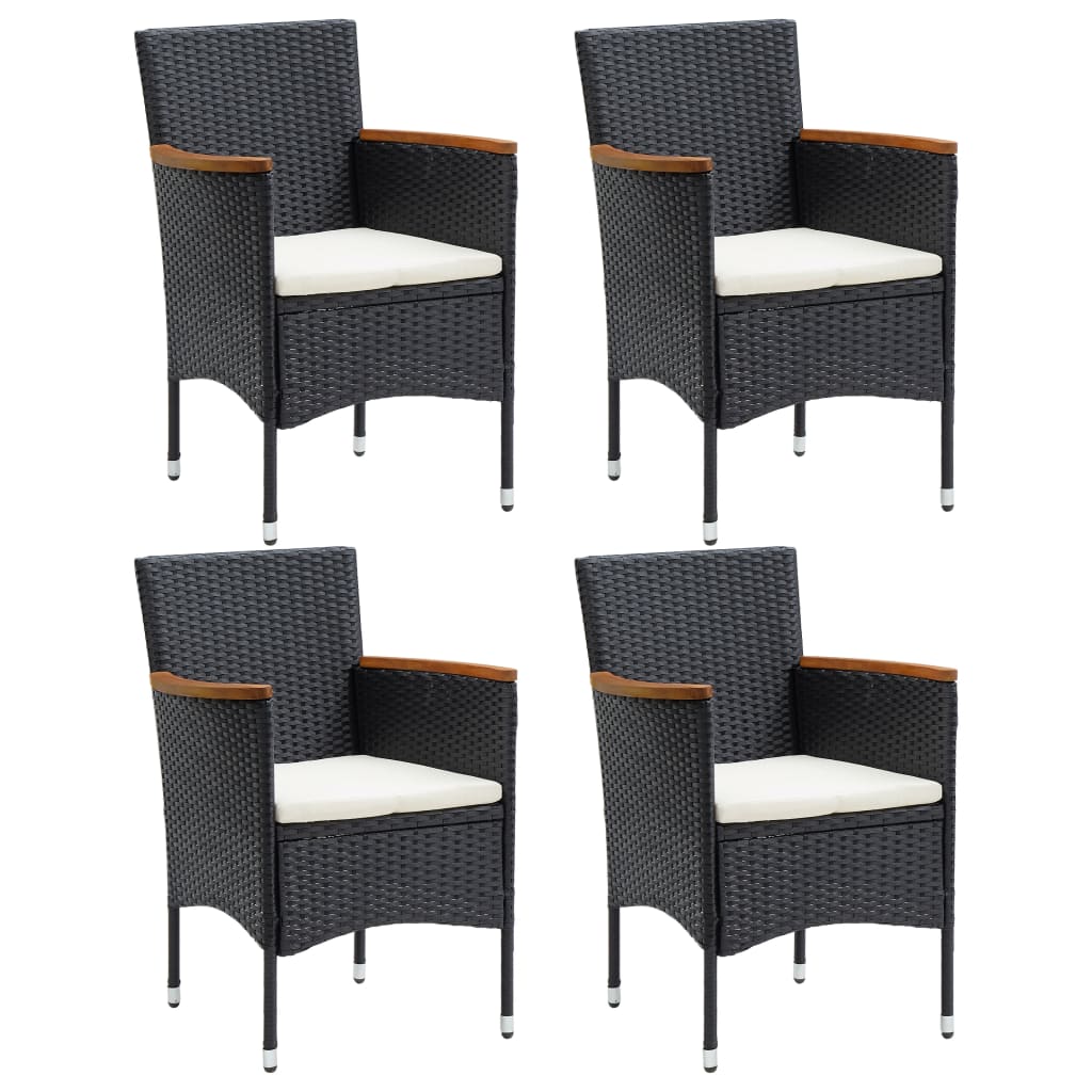 Set de 4 scaune de gradina vidaXL, Poliratan/Lemn masiv, 53 x 58 x 84 cm, Negru-Maro/Perne alb
