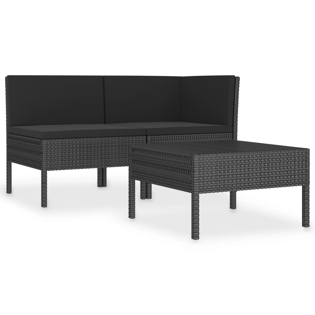 Set mobila de gradina din 3 piese din ratan cu perne vidaXL, Poliratan, 60 x 60 x 35 cm, Negru