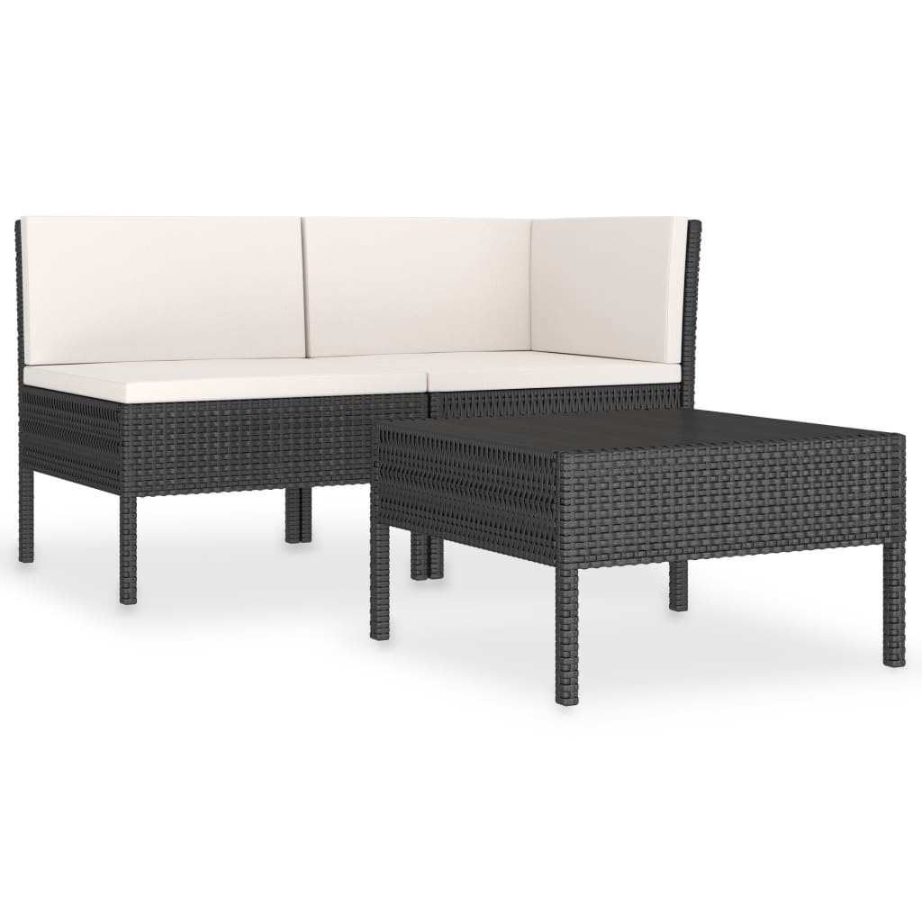 Set mobila de gradina din 3 piese din ratan cu perne vidaXL, Poliratan, 60 x 60 x 35 cm, Negru/Crem