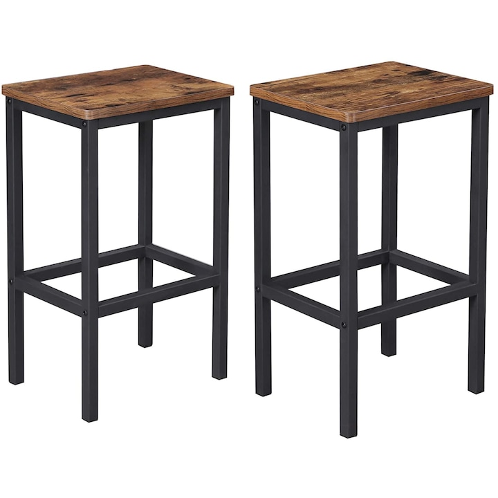 Комплект бар столове VASAGLE, Индустриален дизайн, Желязо / дърво, Кафяв / черен, 2 броя