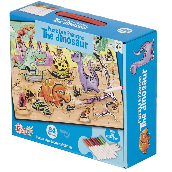Puzzle de colorat Mappy - Dinozauri, 24 piese, 12 culori incluse
